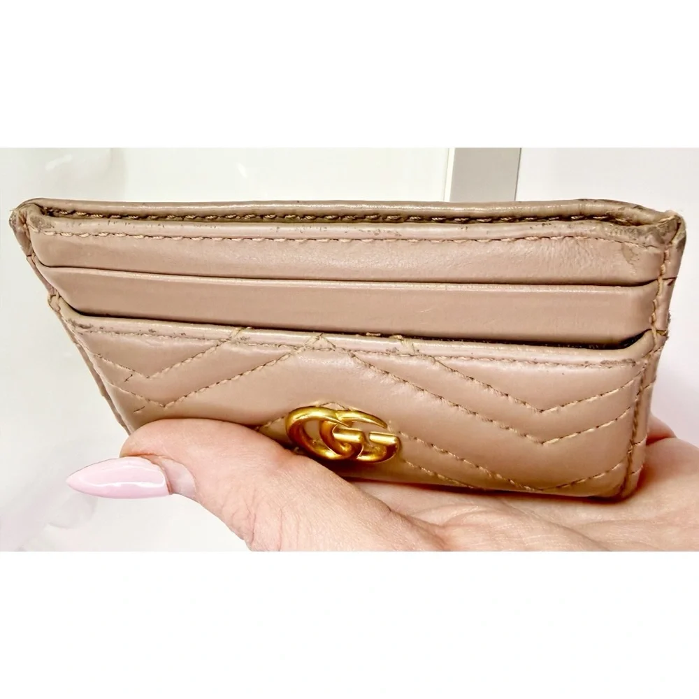 Gucci GG Marmont Card Case In Beige Calfskin Leather